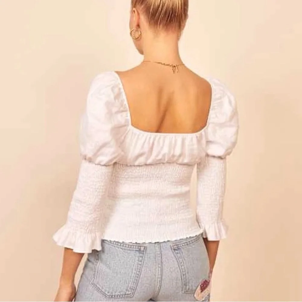 Reformation - Haven Top - 100% Linen - White Puff Sleeve Blouse